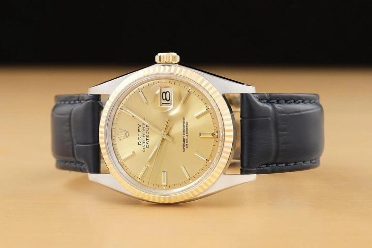 ROLEX DATEJUST 1601 14K YELLOW GOLD STEEL CHAMPAGNE DIAL BLUE LEATHER BAND WATCH - 3