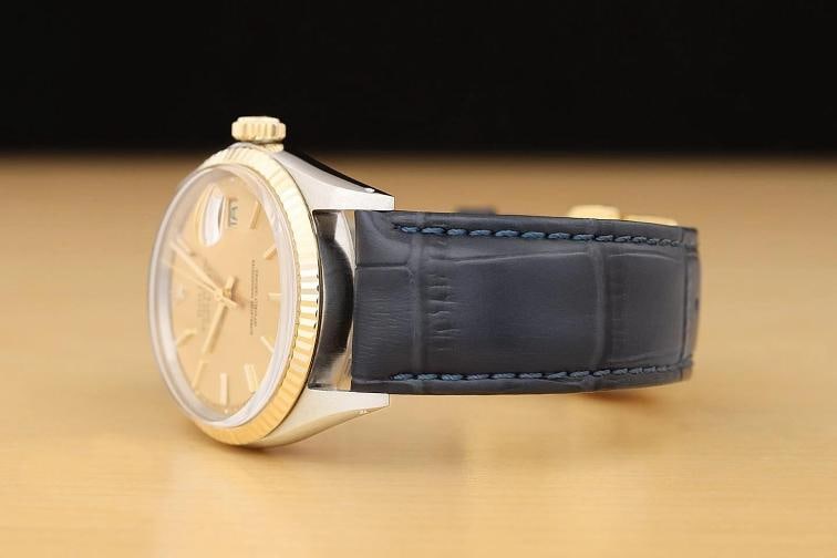 ROLEX DATEJUST 1601 14K YELLOW GOLD STEEL CHAMPAGNE DIAL BLUE LEATHER BAND WATCH - 4