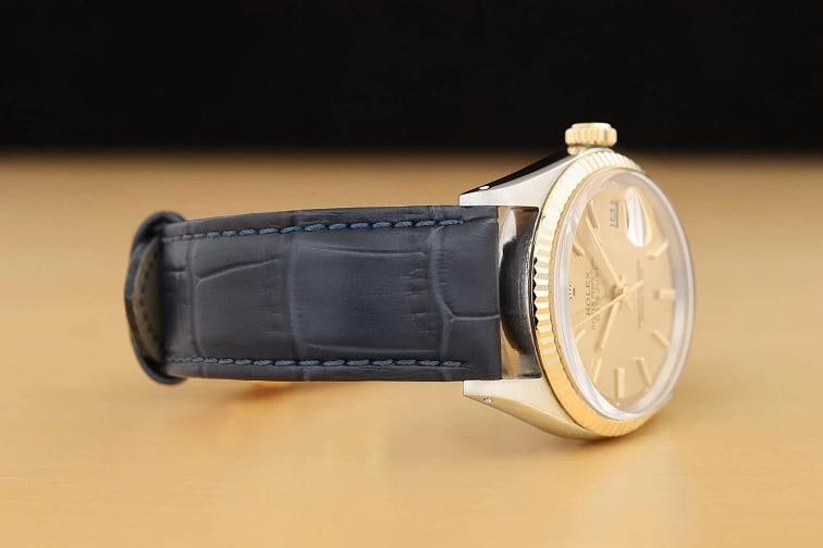 ROLEX DATEJUST 1601 14K YELLOW GOLD STEEL CHAMPAGNE DIAL BLUE LEATHER BAND WATCH - 7