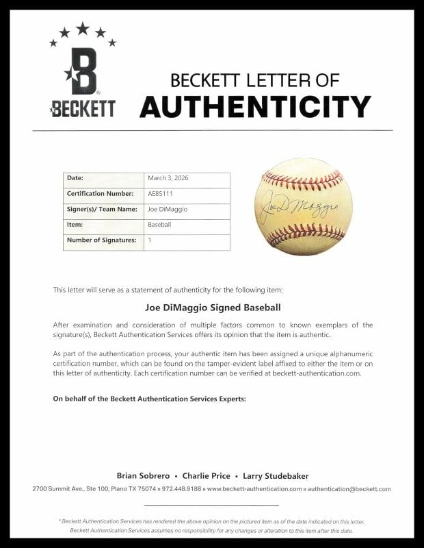 Joe DiMaggio Signed Official AL Baseball New York Yankees Beckett #AE85111 - 5