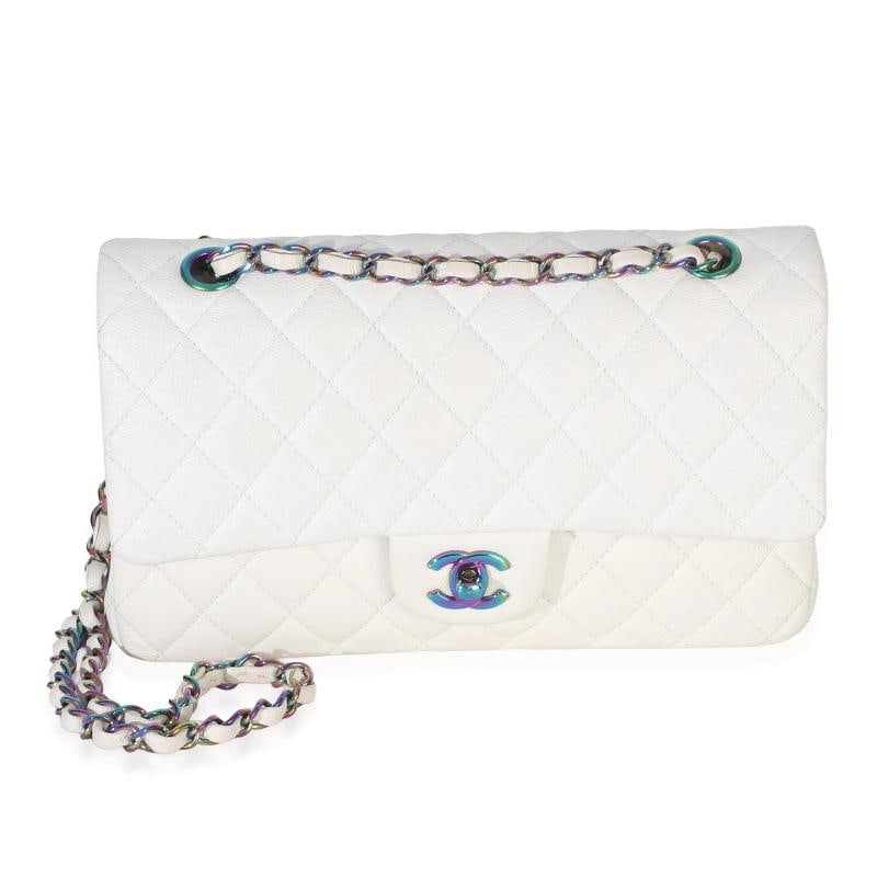 Chanel White Quilted Caviar Rainbow Medium Classic Double Flap Handbag: Condition: Pre-owned - Good,Dimensions: 9.75 x 6 x 2.5,Handbag Accessories: Box;Dustbag;Care Booklet;Felt Protector,Bag Width: 9.75 in,Bag Depth: 2.5 in,Bag Height: 6 in,Department: Unisex,Style:
