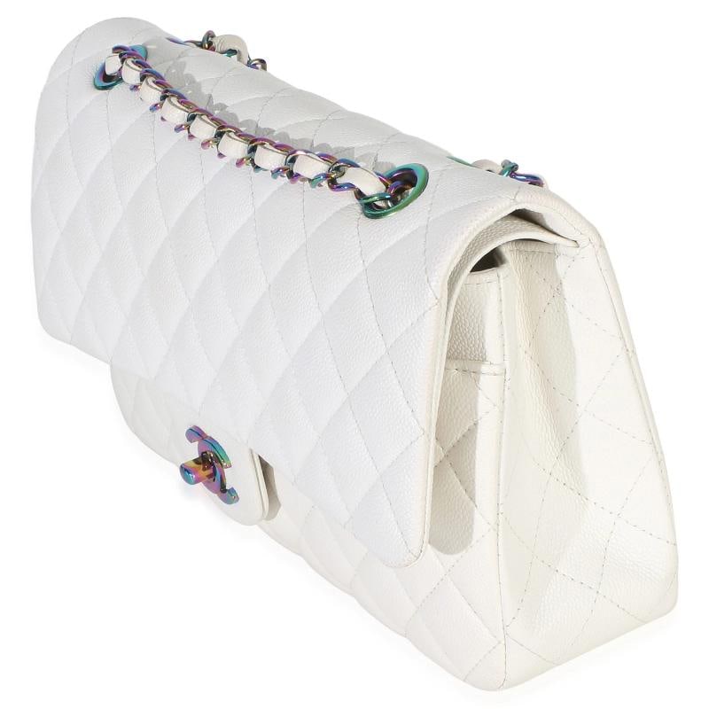 Chanel White Quilted Caviar Rainbow Medium Classic Double Flap Handbag - 3