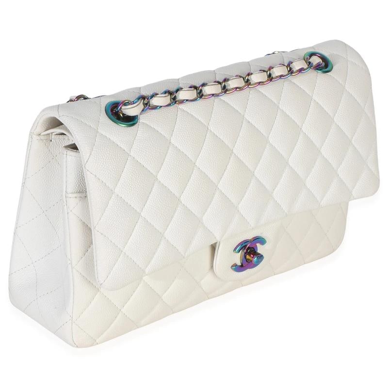 Chanel White Quilted Caviar Rainbow Medium Classic Double Flap Handbag - 4