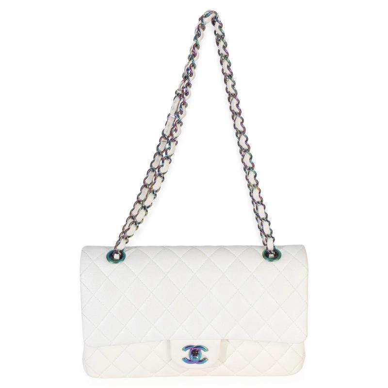 Chanel White Quilted Caviar Rainbow Medium Classic Double Flap Handbag - 6