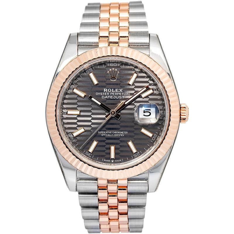 Rolex Datejust 126331 Jubilee 18k RG Two Tone Slate Motif Dial Auto Men's 41mm: Case Size 41mm Wrist Fit 7.25 inches Box No Papers No Condition Ã¢â‚¬â€ Used - Like New Full Specifications Brand Rolex Customized No Serial # 9L4xxxxx