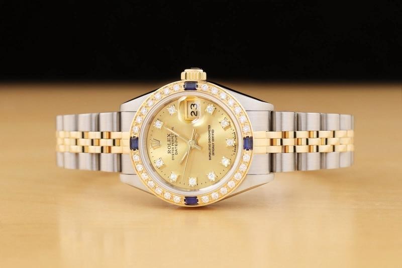 LADIES ROLEX DATEJUST 69173 CHAMPAGNE FACTORY DIAMOND 18K GOLD SAPPHIRE SS WATCH - 3