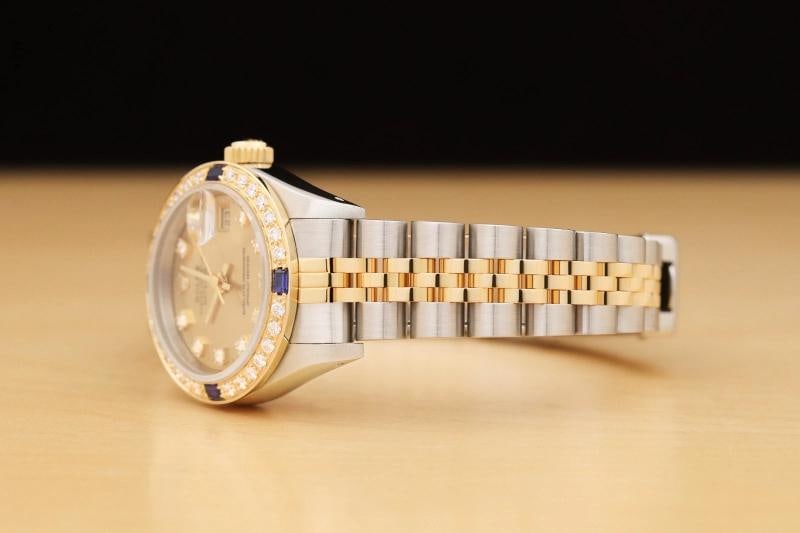LADIES ROLEX DATEJUST 69173 CHAMPAGNE FACTORY DIAMOND 18K GOLD SAPPHIRE SS WATCH - 4