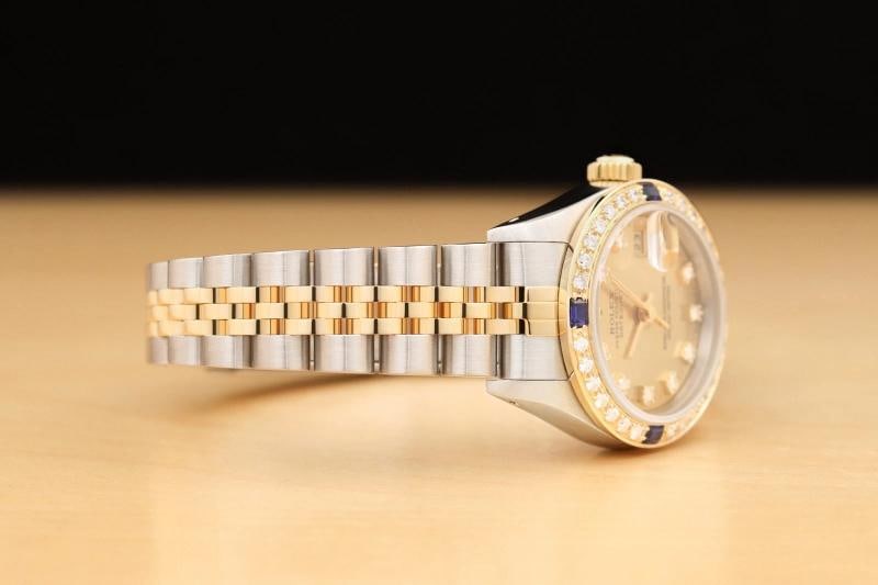 LADIES ROLEX DATEJUST 69173 CHAMPAGNE FACTORY DIAMOND 18K GOLD SAPPHIRE SS WATCH - 7