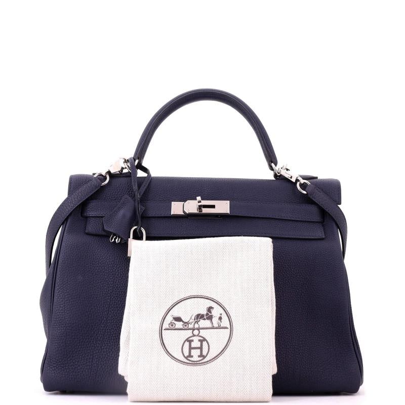 Hermes Kelly Handbag Blue Togo with Palladium Hardware 32 - 2