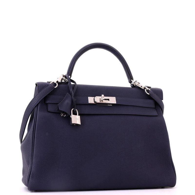 Hermes Kelly Handbag Blue Togo with Palladium Hardware 32 - 3