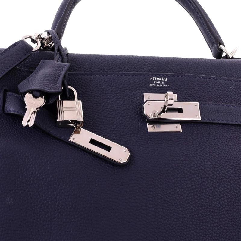 Hermes Kelly Handbag Blue Togo with Palladium Hardware 32 - 7