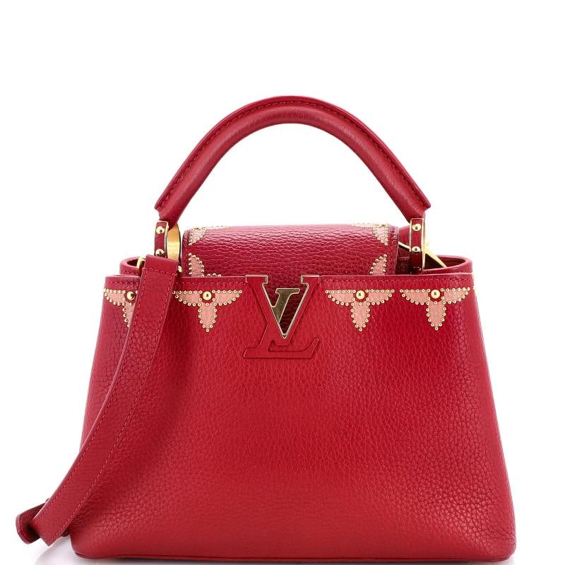 Louis Vuitton Capucines Bag Leather with Embellished Detail BB: Condition: Pre-owned - Fair,Brand: Louis Vuitton,Exterior Material: Leather,Style: Shoulder Bags,Exterior Color: Red,Department: Women,Size: Bb,Accessories: With Strap Estimated Retail Price: $5,200