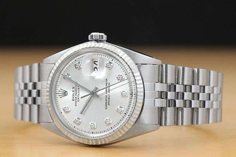 MENS ROLEX DATEJUST 1601 18K WHITE GOLD STAINLESS SS SILVER DIAMOND DIAL WATCH - 2