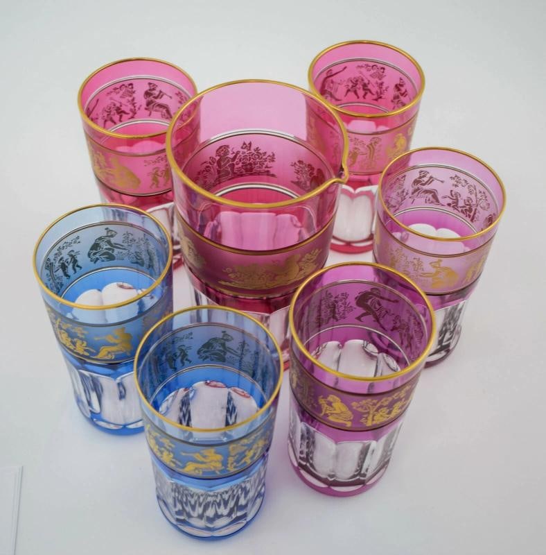 Val St. Lambert Set of 6 Multi Color Tumblers and Cocktail Pitcher - 10