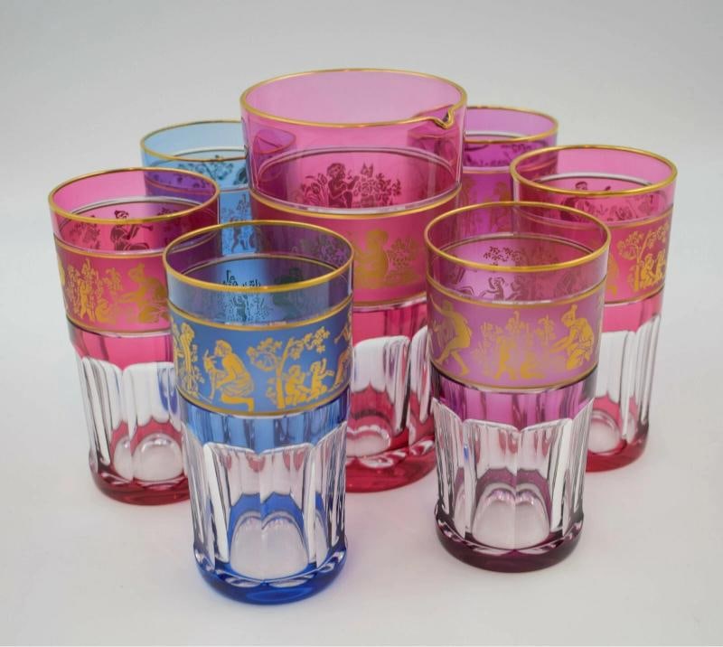 Val St. Lambert Set of 6 Multi Color Tumblers and Cocktail Pitcher - 2