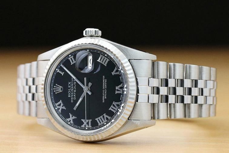MENS ROLEX DATEJUST 16014 BLACK ROMAN 18K WHITE GOLD SS WATCH w/ JUBILEE BAND - 2