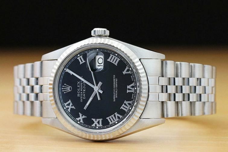 MENS ROLEX DATEJUST 16014 BLACK ROMAN 18K WHITE GOLD SS WATCH w/ JUBILEE BAND - 3