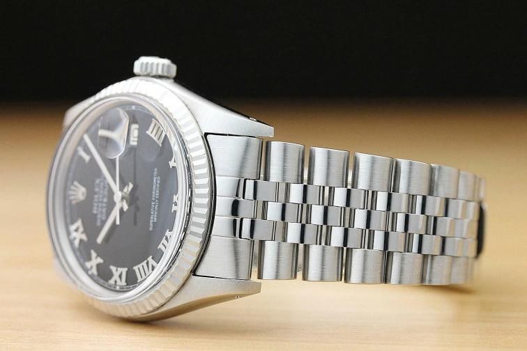 MENS ROLEX DATEJUST 16014 BLACK ROMAN 18K WHITE GOLD SS WATCH w/ JUBILEE BAND - 4