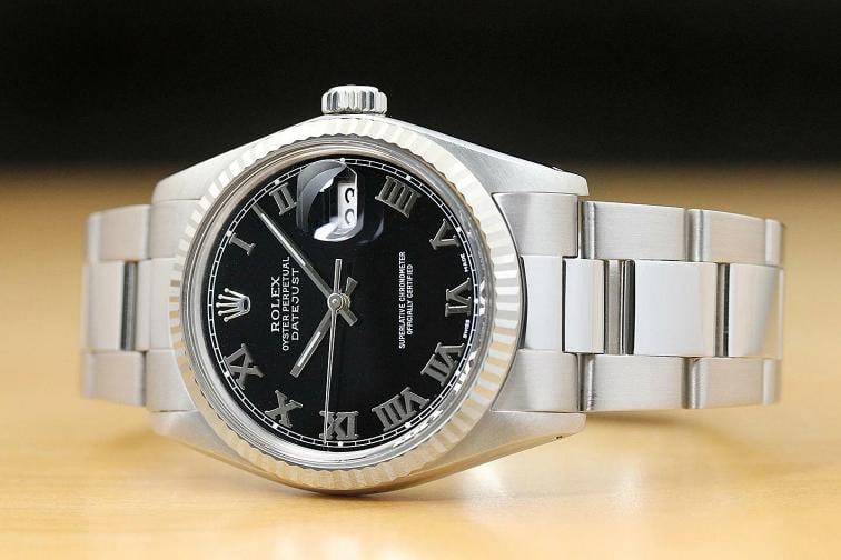 MENS ROLEX DATEJUST 16014 BLACK ROMAN 18K WHITE GOLD FLUTED BEZEL STEEL WATCH - 2