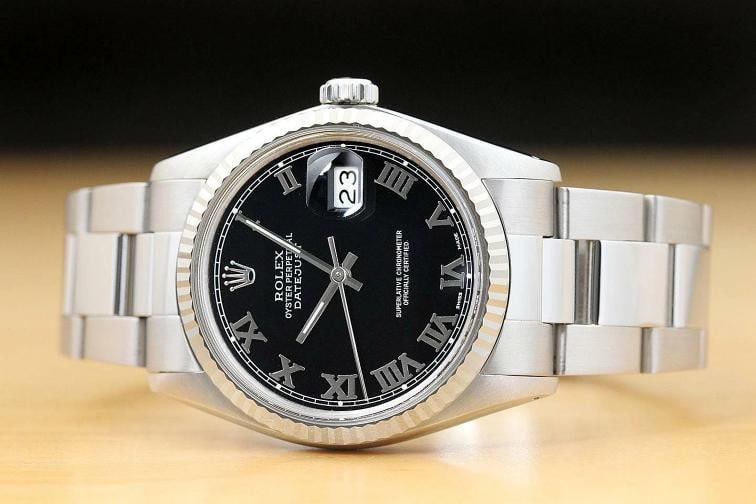 MENS ROLEX DATEJUST 16014 BLACK ROMAN 18K WHITE GOLD FLUTED BEZEL STEEL WATCH - 3