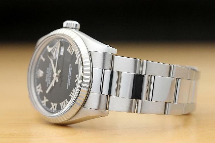 MENS ROLEX DATEJUST 16014 BLACK ROMAN 18K WHITE GOLD FLUTED BEZEL STEEL WATCH - 4