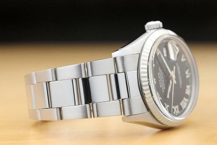 MENS ROLEX DATEJUST 16014 BLACK ROMAN 18K WHITE GOLD FLUTED BEZEL STEEL WATCH - 6