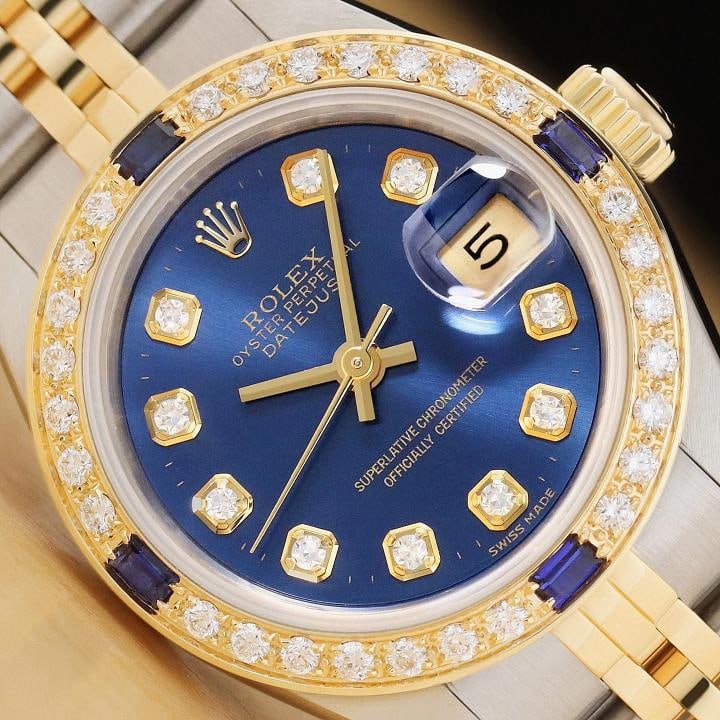 ROLEX LADIES DATEJUST 18K YELLOW GOLD DIAMOND SAPPHIRE STEEL BLUE DIAL WATCH: Condition: Pre-owned - Excellent,Bezel Color: Gold,Max Wrist Size: 6.26-6.75 in,Number of Jewels: 29 Jewels,Indices: 12-Hour Dial, Diamond Markers,Band/Strap: Bracelet/Link Band,Case Thickness: 11