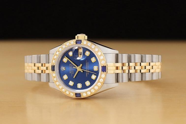 ROLEX LADIES DATEJUST 18K YELLOW GOLD DIAMOND SAPPHIRE STEEL BLUE DIAL WATCH - 2