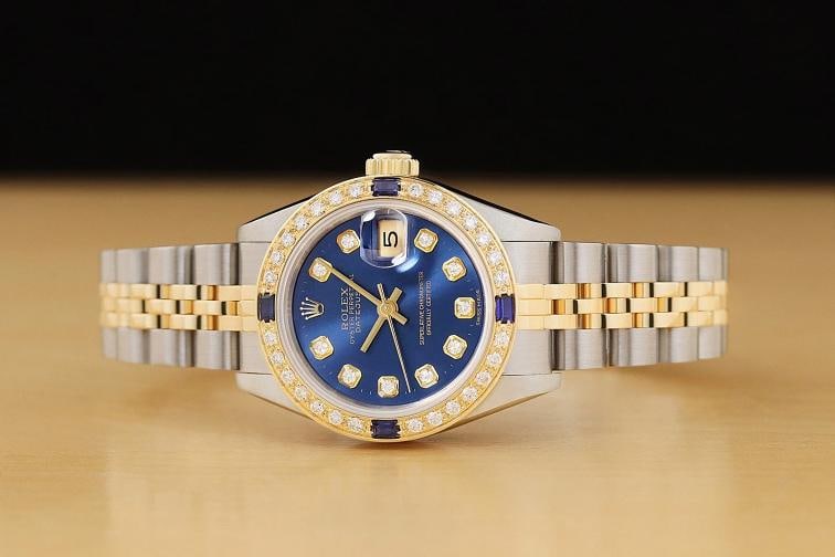 ROLEX LADIES DATEJUST 18K YELLOW GOLD DIAMOND SAPPHIRE STEEL BLUE DIAL WATCH - 3