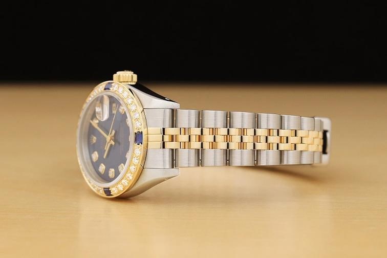 ROLEX LADIES DATEJUST 18K YELLOW GOLD DIAMOND SAPPHIRE STEEL BLUE DIAL WATCH - 4