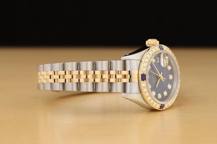 ROLEX LADIES DATEJUST 18K YELLOW GOLD DIAMOND SAPPHIRE STEEL BLUE DIAL WATCH - 7