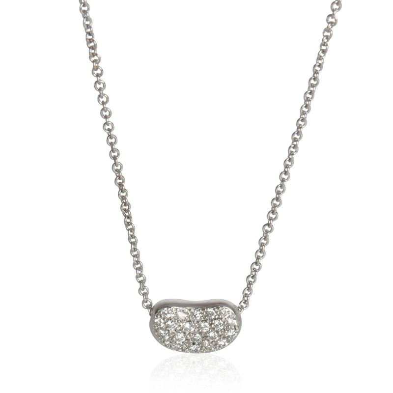 Tiffany & Co. Platinum Diamond Elsa Peretti Bean Pendant: Condition: Pre-owned - Good,Clasp/Buckle Type: Spring Ring,With Original Box/Packaging: Yes,Side Stone Type: Diamond,Side Stone Weight (cts): 0.12,Metal Purity: 950,With Papers: No,Report Type: Not