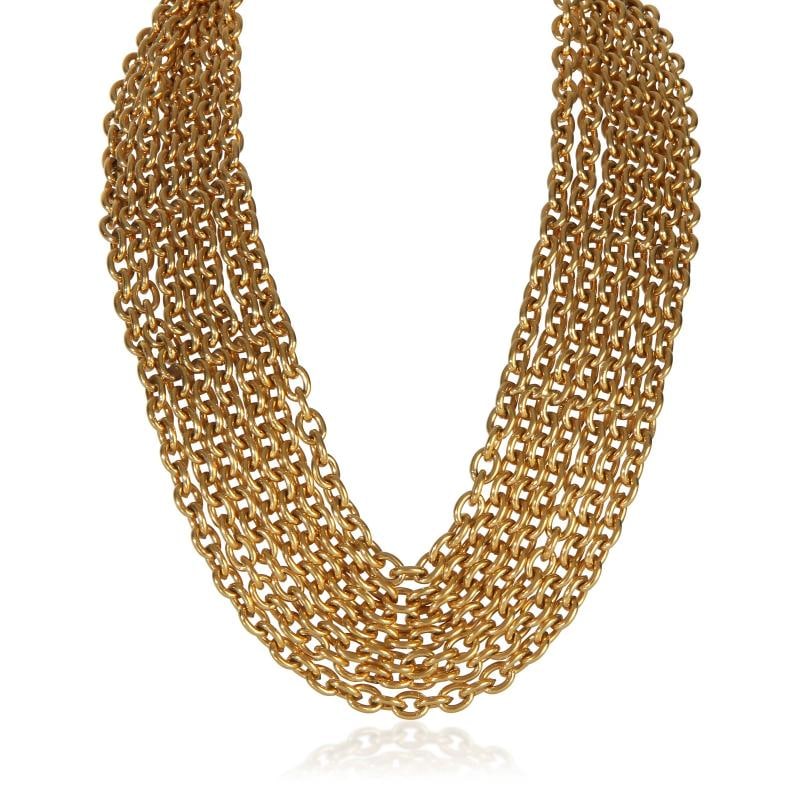 Chanel Gold-Plated Vintage Matelasse Multistrand Necklace: Condition: Pre-owned,Clasp/Buckle Type: Fishhook,With Original Box/Packaging: Yes,Side Stone Type: No Stone,With Papers: No,Gross Weight (grams): 230.37,Department: Women's,Collection: Vintage