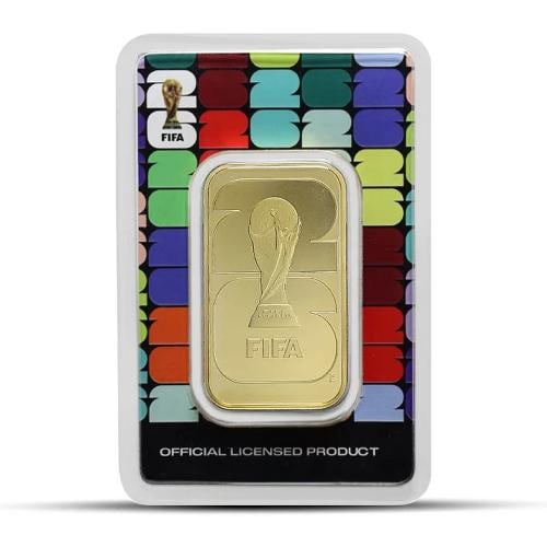 1 oz FIFA World Cup Gold Bar (Assay): Year: Varies,Fineness: 0.9999,Composition: Gold,Certification: Uncertified,Grade: Ungraded,Brand/Mint: sunshine-mint-gold-bars,Shape: Bars,Diameter: NULL mm,Thickness: 2 mm,Precious Metal Content per 