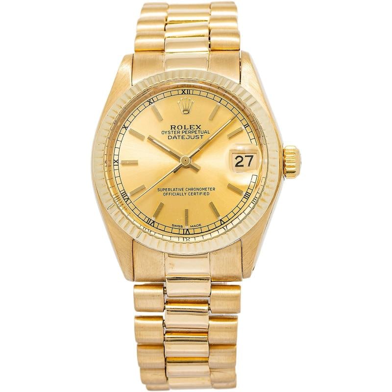 Rolex DateJust 6824 Auto 18k YG President champagne Dial Women's Watch 31mm: Case Size 31mm Wrist Fit 6.5 inches Box no Papers no Condition Ã¢â‚¬â€ Excellent Full Specifications Brand Rolex Customized no Serial # 59XXXXX Gender