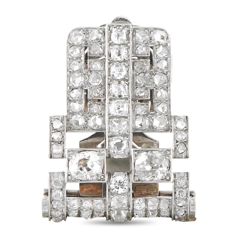 Antique Platinum and 18K White Gold 4.75ct Diamond Brooch Clip: measures 1.19 long by 0.88 wide. .