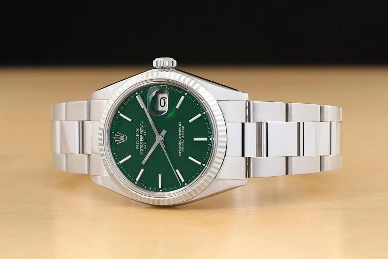 ROLEX MENS DATEJUST 1601 18K GOLD STAINLESS STEEL GREEN WATCH w/ OYSTER BAND - 2