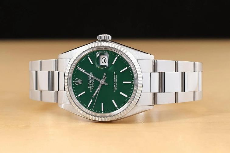 ROLEX MENS DATEJUST 1601 18K GOLD STAINLESS STEEL GREEN WATCH w/ OYSTER BAND - 3