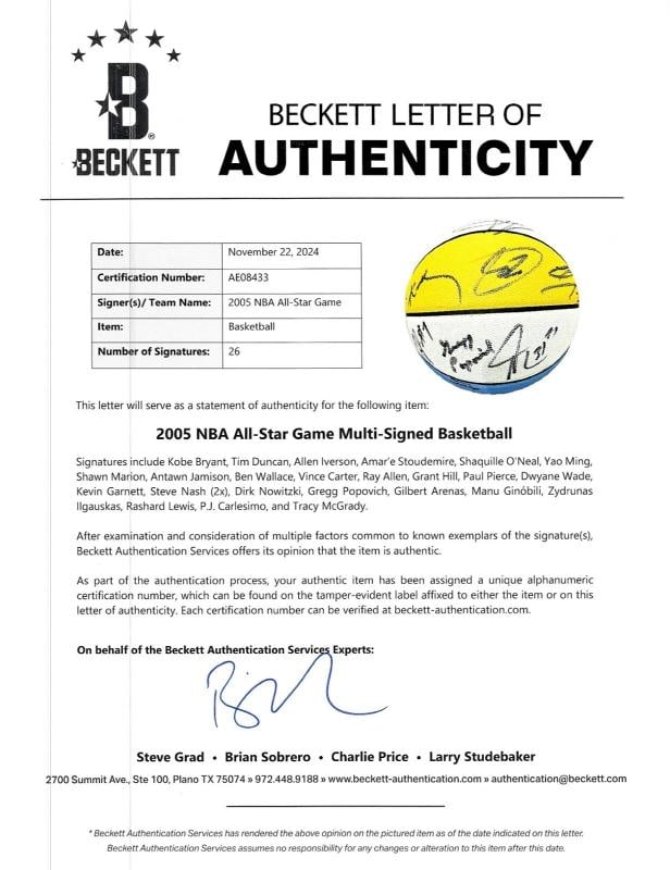 Kobe Bryant Shaq Tim Duncan 2005 All Star Game Team Signed Basketball Beckett - 3