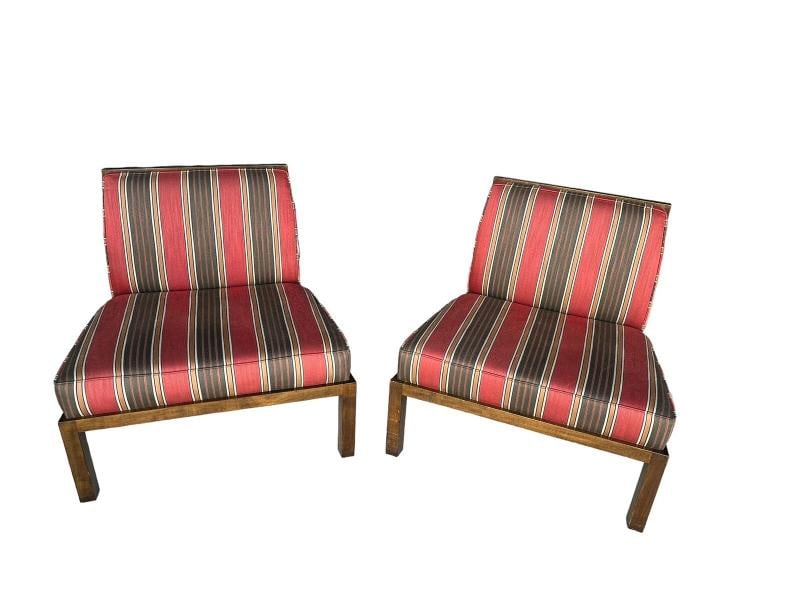 PAIR of Michael Taylor for Baker Far East Collection Slipper Chairs Walnut: Width28" Depth28" Height26.5" Seat Height15" Used furniture will have minor age-appropriate wear and tear Any areas of significant wear will be noted and shown in the photos. Please view and zoom in o