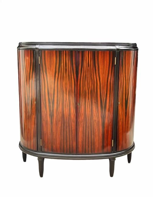 Dessin Fournir Aline Demilune Cabinet Mahogany & Macassar WITH KEY!!: Width:54" Depth:20" Height: 56" Used furniture will have minor age-appropriate wear and tear Any areas of significant wear will be noted and shown in the photos. Please view and zoom in on all photos.