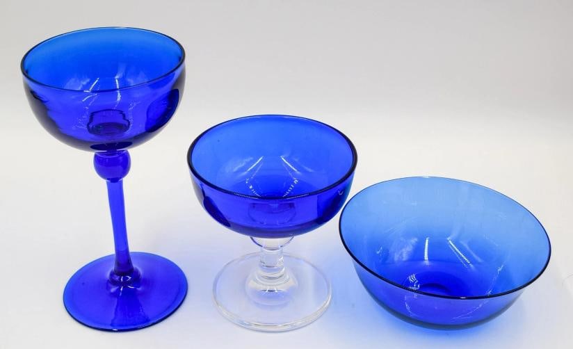 Steuben Flemish Blue Stemware Champagne Glass, Compote & Finger Bowl, Circa 1920 - 2