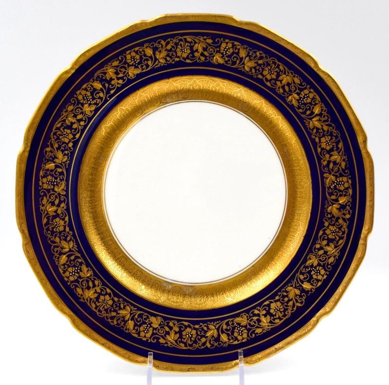 12 Royal Doulton Raised Gold Gilt & Cobalt Blue Fancy Dinner Plates, Circa 1920 - 2