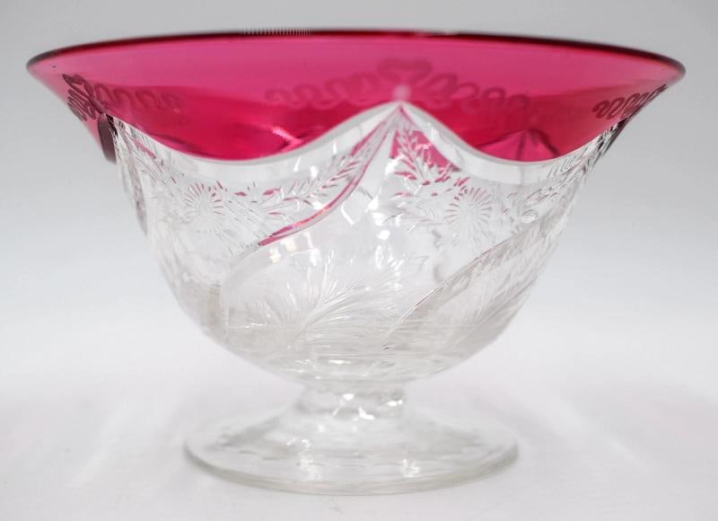 Fine Steuben Gold Ruby Engraved Cut Glass Bowl - Signed - 7