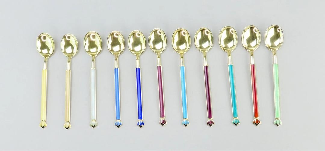 11 David Andersen Norway Sterling Silver Gilded Demitasse Spoons Enamel Handles - 2