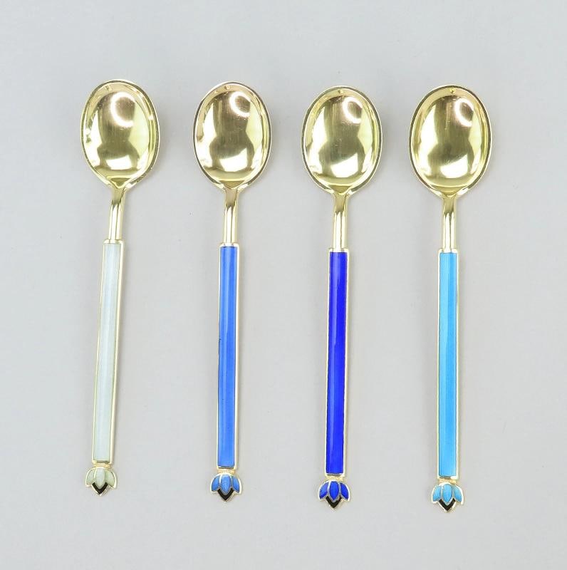 11 David Andersen Norway Sterling Silver Gilded Demitasse Spoons Enamel Handles - 3
