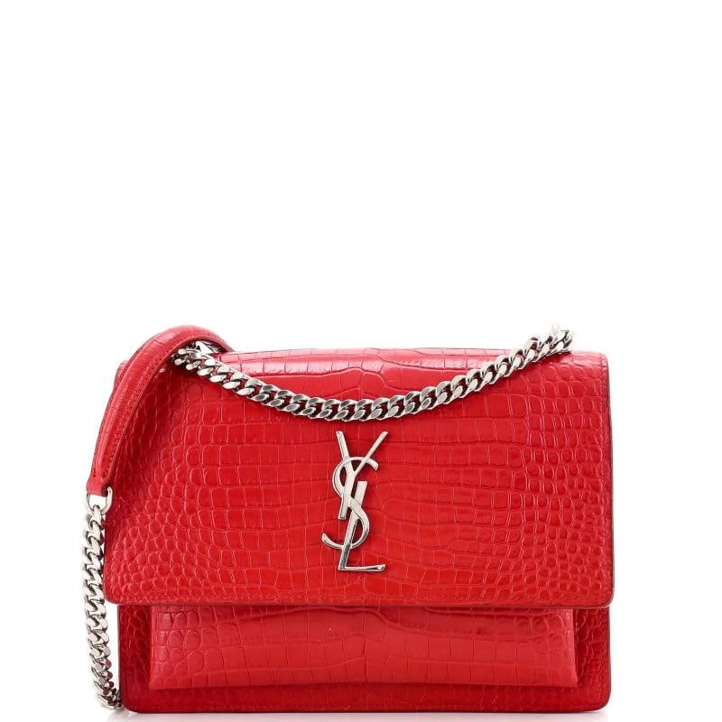 Saint Laurent Sunset Crossbody Bag Crocodile Embossed Leather Medium: Measurements: Handle Drop 11.5", Height 6", Width 8.5", Depth 3", Strap Drop 12-20.5"