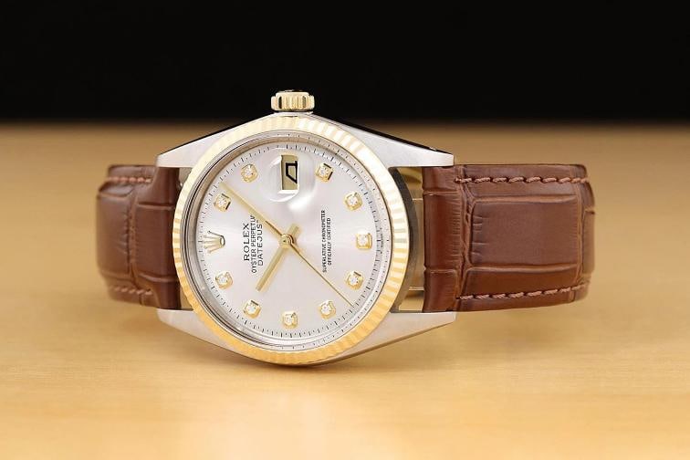 ROLEX DATEJUST 1601 14K GOLD STEEL SILVER DIAMOND WATCH w/ BROWN LEATHER BAND - 2
