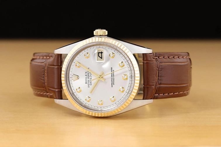 ROLEX DATEJUST 1601 14K GOLD STEEL SILVER DIAMOND WATCH w/ BROWN LEATHER BAND - 3