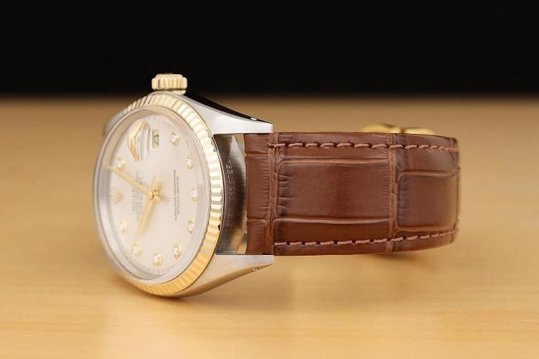 ROLEX DATEJUST 1601 14K GOLD STEEL SILVER DIAMOND WATCH w/ BROWN LEATHER BAND - 4